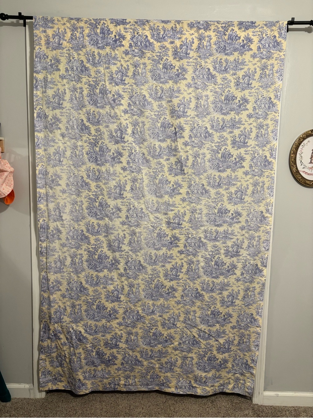 Waverly Blue Toile Curtain Panel on Pale Yellow background (4 panels available)